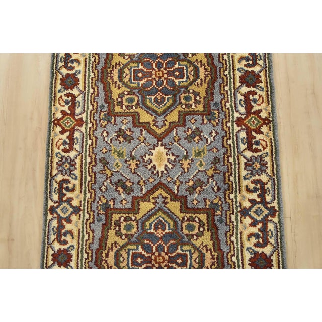 Heriz Runner 2’6” X 9’9” Blue Wool Tribal Hand-Knotted Oriental Carpet For Sale - Image 4 of 12