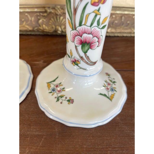 1970s 1970s Pair of Hand-Painted French Chinoiserie Style Gien France Ceramic Candlesticks - Floral Motif, Stamped For Sale - Image 5 of 7