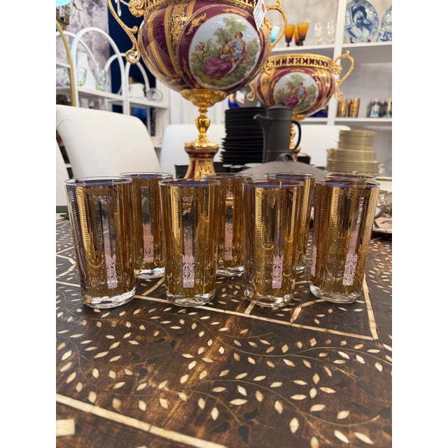 Vintage 1950s Gold and Lavender Highball Cocktail Glasses Set of 8 For Sale - Image 12 of 12