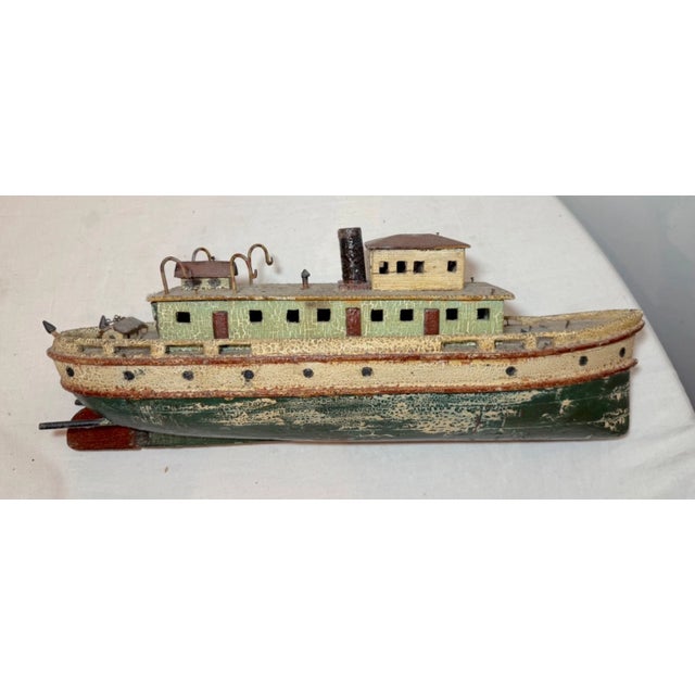 Rare Antique Handmade Carved Wood Folk Art Boat Model Tug Boat Ship Schiff For Sale - Image 4 of 18