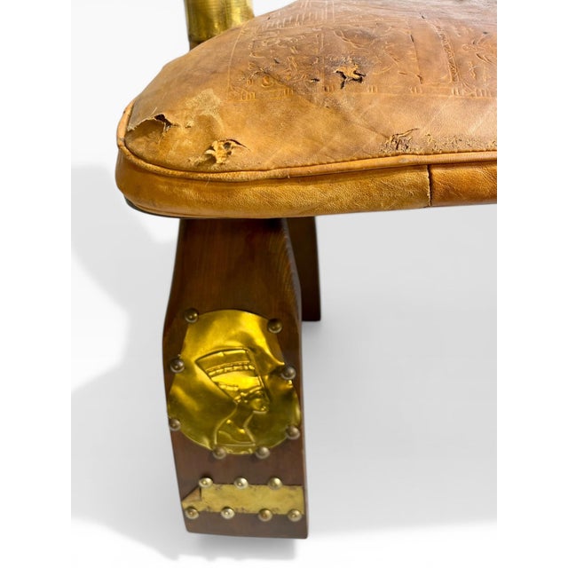 Brown Vintage Mid-Century Egyptian Camel Saddle Stool in Leather and Brass For Sale - Image 8 of 15
