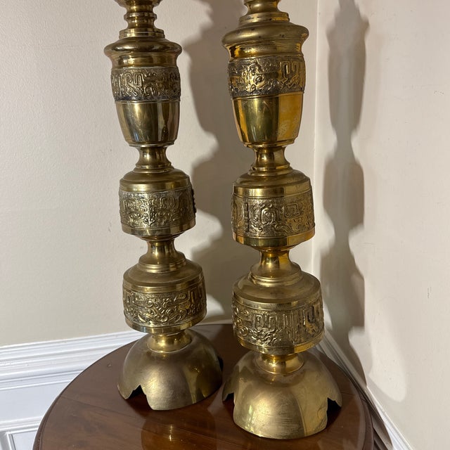 Beautiful vintage pair of James Mont candle sticks, good size and statue. True 1960s midcentury feel