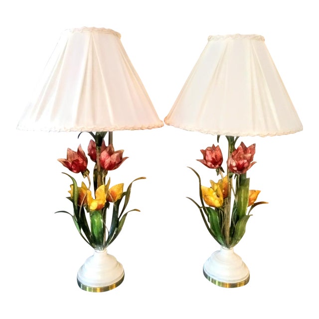 Vintage Wildwood Tole Ware Tall Tulip Flower Brass Table Lamps With