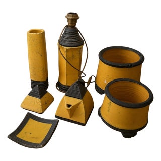 Art Deco Desk Set in Yellow and Black Crackled Ceramic, 1930s, Set of 7 For Sale