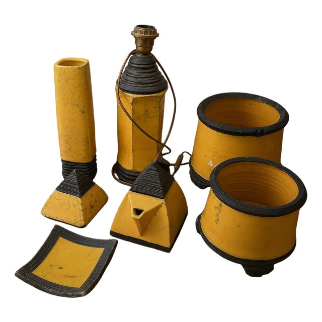 Art Deco Desk Set in Yellow and Black Crackled Ceramic, 1930s, Set of 7 For Sale