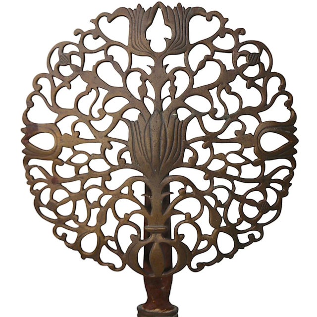 Pr. Brass Filigree Medallion Wrought Iron Base Andirons Att. To Virginia Metal Crafters For Sale In New York - Image 6 of 9