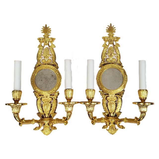 French Late 20th Century French Neoclassical Empire Style Gilt Bronze Two Light Wall Sconces W. Mirrors - a Pair For Sale - Image 3 of 17