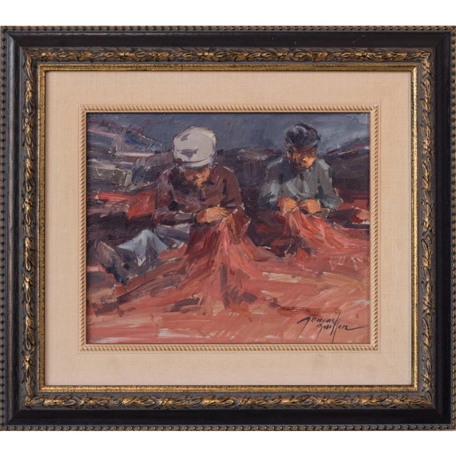 Post Impressionist Study, Fishermen Repairing Nets, 20th-Century, Oil on Board, Framed For Sale - Image 10 of 10