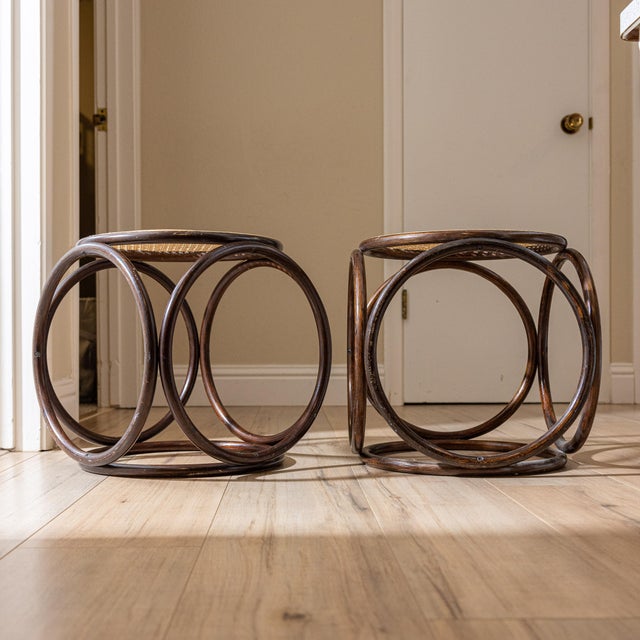 Wood Pair of Vintage Modernist Bent Rattan & Cane Stools / Side Tables, 1970s For Sale - Image 7 of 11