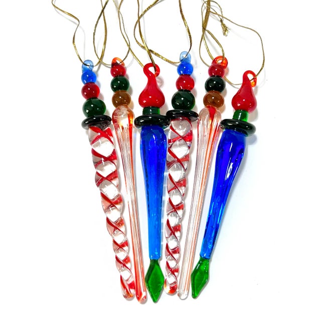 Red Vintage Hand Blown Glass Icicle Christmas Ornaments – Multicolor Swirl – Set of 6 For Sale - Image 8 of 9