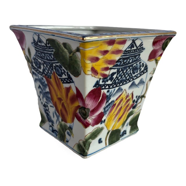 Floral Chinoiserie Square Ceramic Cachepot For Sale