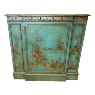 Vintage Sideboard Cabinet With Painted Chinoiserie Designs and Distressed Turquoise Finish For Sale