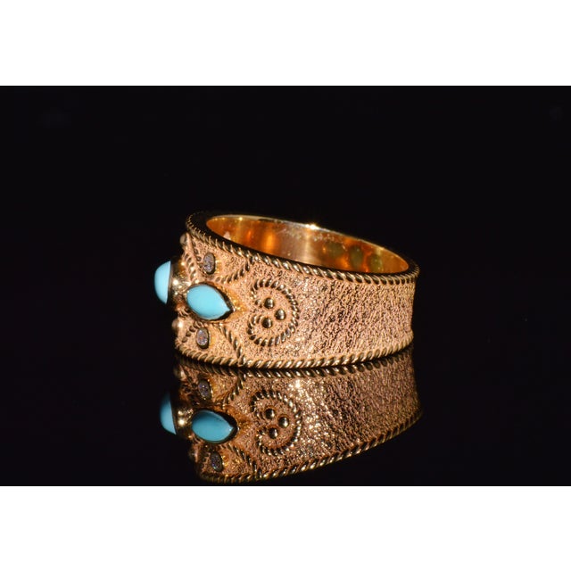 Natural Diamond Turquoise 18k Solid Gold Byzantine Beaded Greek Ring Stacking Band Ring, Size 6 For Sale - Image 4 of 14