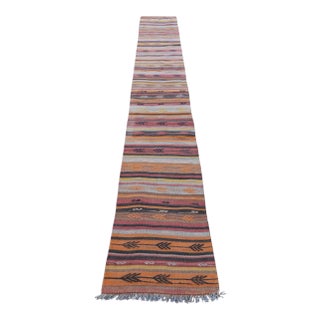 1960s Scandinavian Tribal Hand Knotted Colorful Striped Kilim Runner Rug For Sale