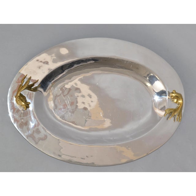 Oval Serving Tray Platter Bronze Fish Handles and Chrome Finish Art Deco Style For Sale - Image 4 of 13