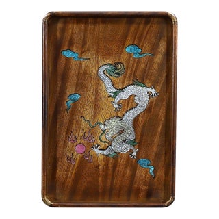 Vintage Rosewood Tray With Mother-of-Pearl Dragon - Brass Mounted Tea Tray For Sale