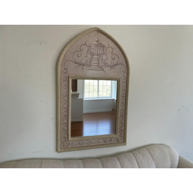 Large 1990s Bombay Company Neoclassical Urn Trumeau Mirror Hand Painted Gold Leaf This grand arched wall mirror is a...
