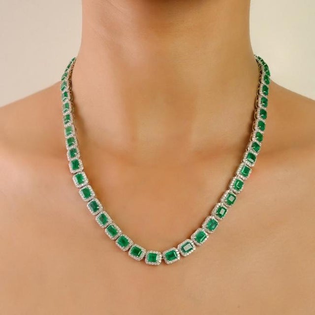 Vintage Byzantine Style 24.47 Ct Emerald Tennis Necklace in 14k White Gold For Sale In New York - Image 6 of 13