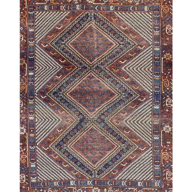 Tri-Medallion Antique Afshar Rug in Colorful Tones Brown and Gray Blue 5'0 X 6'1 For Sale - Image 4 of 12