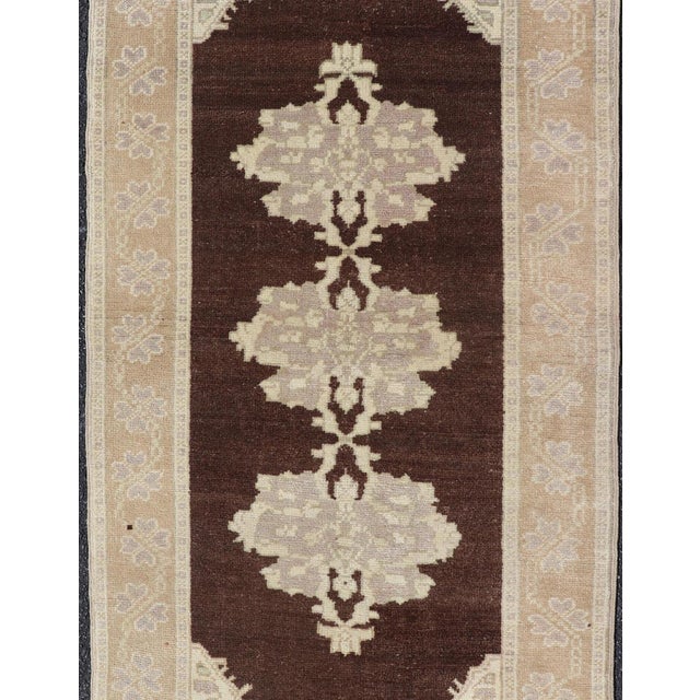 Tribal Brown Background Vintage Turkish Oushak Runner With Medallions in Cream & Ivory For Sale - Image 3 of 12