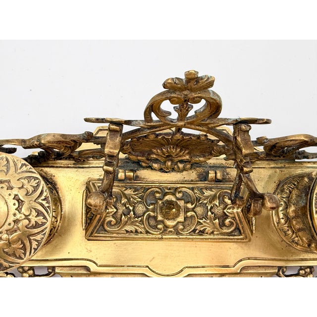 Brass Vintage Ornate Baroque Revival Cast Brass Double Inkwell Desk Set With Porcelain Liners For Sale - Image 8 of 17