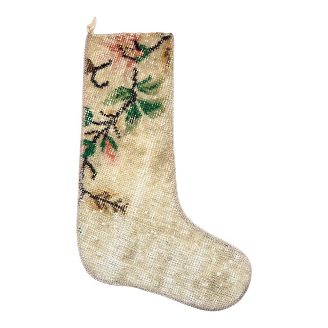 Botanical Branch Vintage Kilim Christmas Stocking, Cream Wool With Floral Motif, 12.2 X 17.7 in – One of a Kind Decor For Sale