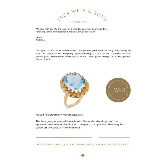 Metal Vintage 14.00 Carat Aquamarine 14k Yellow Gold Cocktail Ring, Size 9.5 For Sale - Image 7 of 7