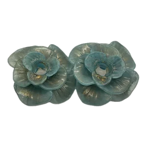 Late 20th Century Murano Style Light Teal Blue With Gold Accent Flower Candle Stick Holders - a Pair