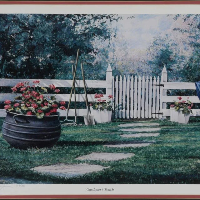 A Framed Print of William Mangum's "Gardener's Touch" is a signed and numbered (317/450) limited-edition print, capturing...