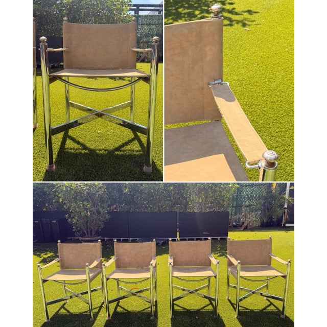 1970s Vintage Campaign Maison Jansen Style, Pace Chrome Table & Director Arm Chairs, Suede Leather Chrome and Brass C. 1970s For Sale - Image 5 of 12