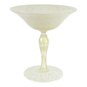 Murano Gold Flecks White Bubbles Vintage Italian Art Glass Martini Shape Compote Bowl, Barbini Salviati