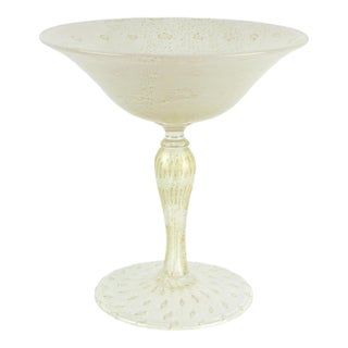 Vintage Murano Gold Flecks White Bubbles Italian Art Glass Martini Shape Compote Bowl, Barbini Salviati For Sale