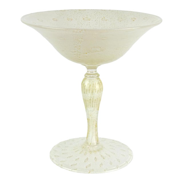 Vintage Murano Gold Flecks White Bubbles Italian Art Glass Martini Shape Compote Bowl, Barbini Salviati For Sale