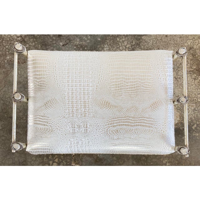 Vintage Maitland-Smith Style Vanity Stool With Metallic Croc Print Upholstery For Sale - Image 9 of 11