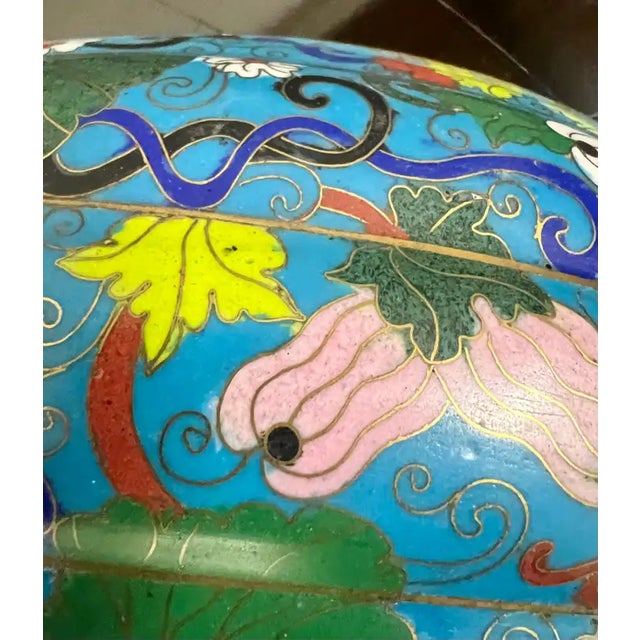 Ceramic Vintage Oriental Chinese Cloisonné Squash Multicolor Vine & Floral Motif Box For Sale - Image 7 of 13