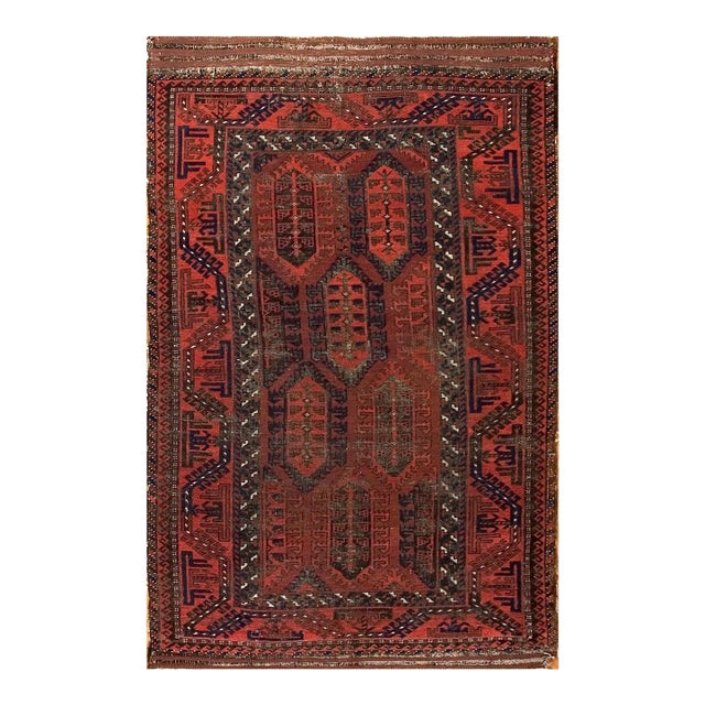 1900s Red Geometric Tribal Antique Baluch Persian Rug 4'6" X 6'8" Handknotted Wool Carpet For Sale