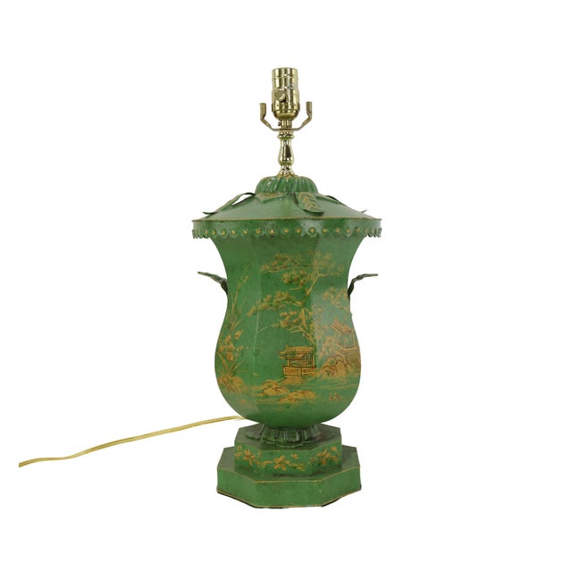 Vintage Handcrafted Forged Iron Green Hand-Painted Gold Chinoiserie Table Lamp. For Sale - Image 9 of 9
