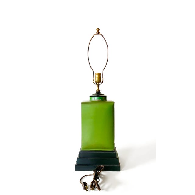 A lovely, antique tole lamp in a stunning shade of dark green. Features a rectangular tea tin/canister form. Hand painted...