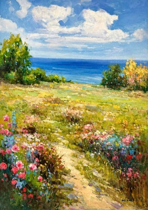 Coastal Landscape With Wildflowers Leading to the Sea — Oil on Unstretched Canvas by H. Cole (24 X 36)
