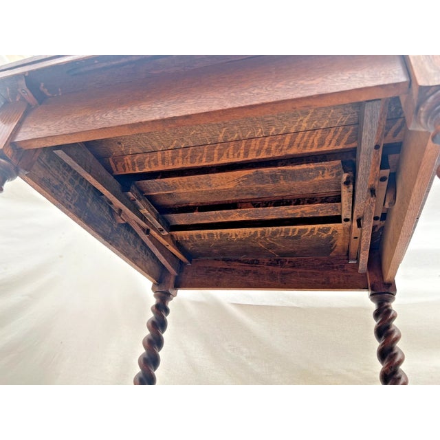 Antique Expanding Pub Kitchen Table Barley Twist Legs Quarter Sawn Tiger Oak For Sale - Image 14 of 14