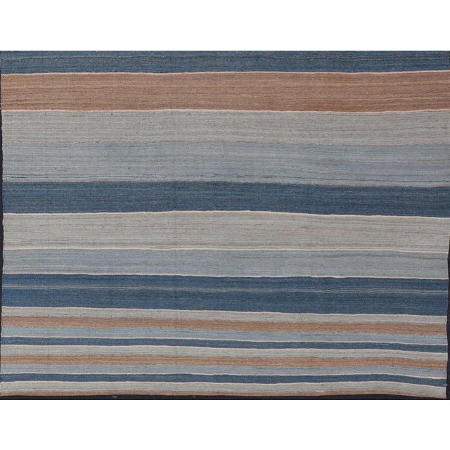 Striped Kilim Blue and Brown Hand Woven Wool by Keivan Woven Arts 9'3 X 12'0 For Sale - Image 9 of 13