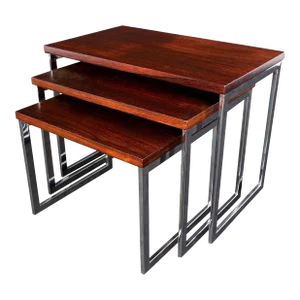 Rosewood Tops Chrome Base Mid Century Modern Nesting Side End Tables - Set of 3