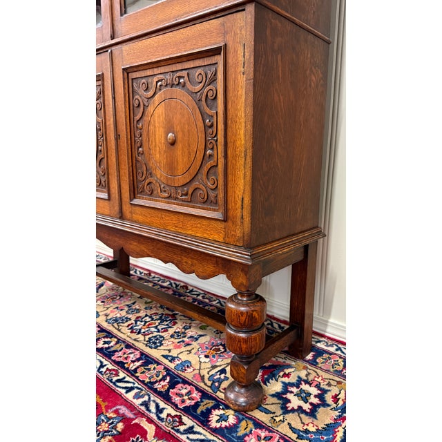 Antique English Bookcase Bookshelf Cabinet Double Door Wavy Glass Oak c.1930s For Sale - Image 14 of 17
