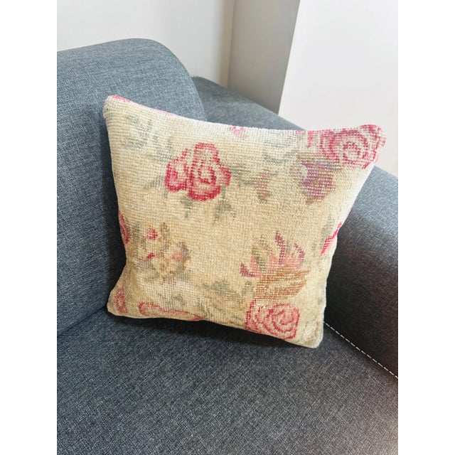 Beige Vintage Turkish Rug Pillow Cover, Handwoven Wool Isparta Floral Cushion, One of a Kind Boho Pillow, 16x16 In For Sale - Image 8 of 11