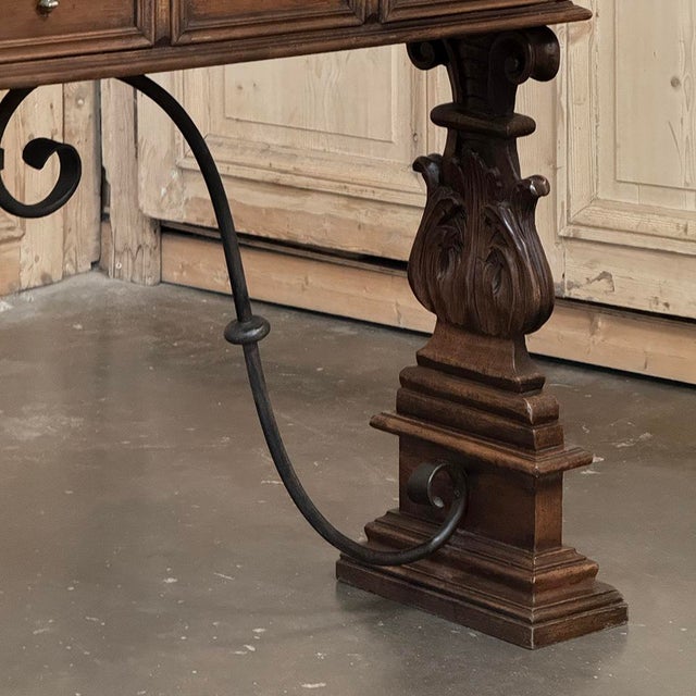 Mid Century Spanish Walnut Sofa Table ~ Console With Hand Forged Iron Stretcher For Sale - Image 9 of 18