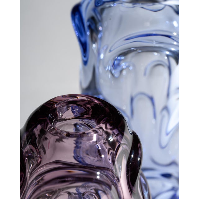 Blue Lilac and Blue Glass Vases attributed to Jan Beranek for Skrdlovice, 1960, Set of 2 For Sale - Image 8 of 18