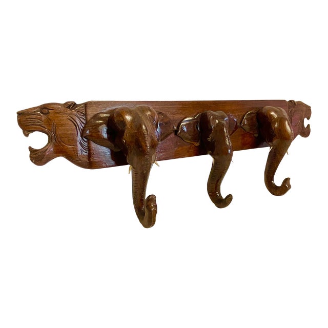 1970s Vintage Safari Boho Chic Trompe L’Oeil Hand Carved Hooks, Elephants and Lions. For Sale