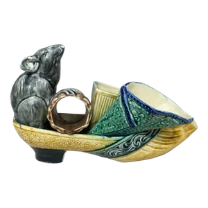 Belgium Majolica Rat Smoke Set Wasmuel , Circa 1900