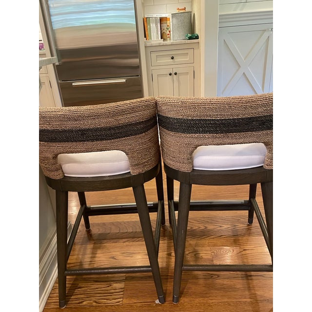 Kathy Kuo Home Palecek Fritz Coastal Beach White Performance Striped Grey Rope Counter Stool Great used condition, some...