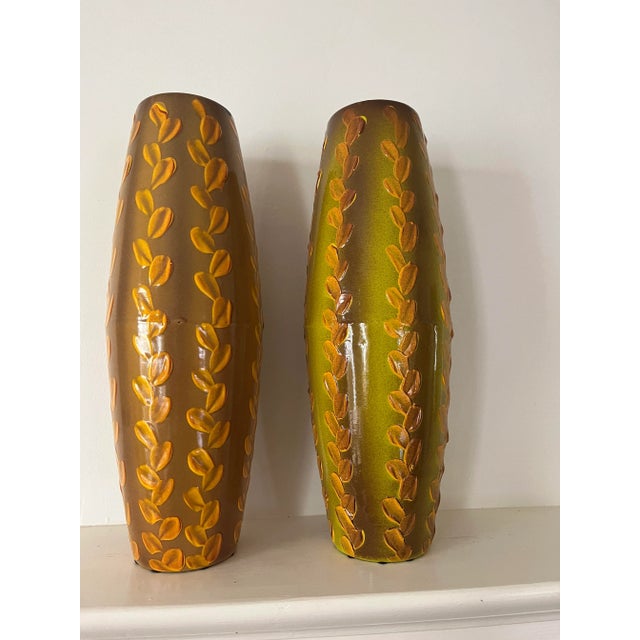 Pair of retro mid century enamel vases. Manufactured by the Zamoar metalworks in Bonyhad, Hungary. This item is set up for...